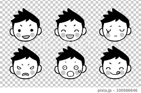 いろいろな表情の男の子のイラストセット　モノクロ 100986646