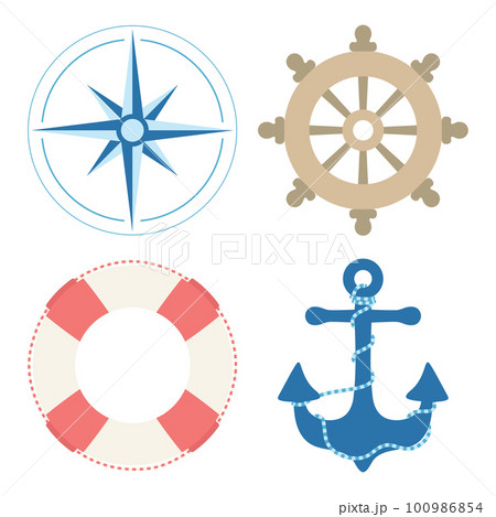 marine set with anchor, lifebuoy, compass and ship wheel marine set with anchor, lifebuoy, compass and ship wheel 100986854