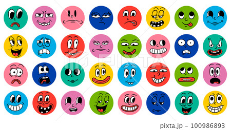 Set of cartoon comic funny faces in retro style with different expressions of emotions. Abstract round icons of heads of emotional characters. Emoji people animation in 20s 30s style. vector Set of cartoon comic funny faces in retro style with different expressions of emotions. Abstract round icons of heads of emotional characters. Emoji people animation in 20s 30s style. vector 100986893