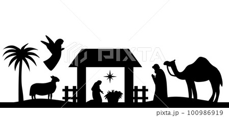 Holy night of birth of child jesus christ silhouette scene from religion christianity nativity scene. Biblical Religious History of Catholics. Cut for scrapbooking and print. Vector illustration. 100986919