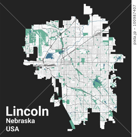 Lincoln map, capital city of the USA state of Nebraska. Municipal administrative area map with rivers and roads, parks and railways. 100987407