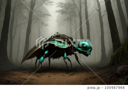 Hellish monster with fangs and horns, rotted flesh, empty eye sockets with mad gaze, bloody mouth, bones exposed, aggressive and terrifying. AI generated 100987966