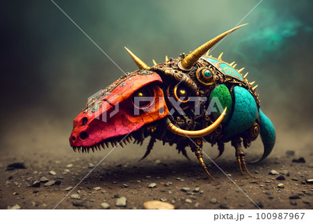 Hellish monster with fangs and horns, rotted flesh, empty eye sockets with mad gaze, bloody mouth, bones exposed, aggressive and terrifying. AI generated Hellish monster with fangs and horns, rotted flesh, empty eye sockets with mad gaze, bloody mouth, bones exposed, aggressive and terrifying. AI generated 100987967