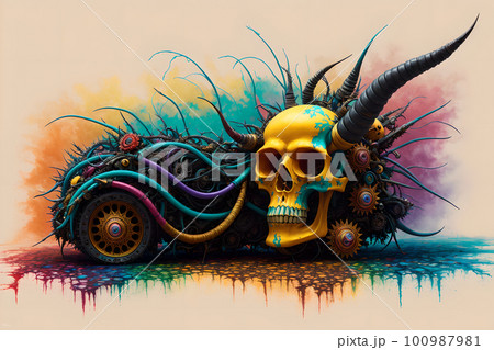 Dark fantasy design, painted human skull and lush bunch of flowers on colorful background, AI generated 100987981