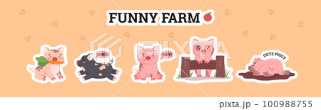 Set of stickers with happy pigs flat style, vector illustration 100988755