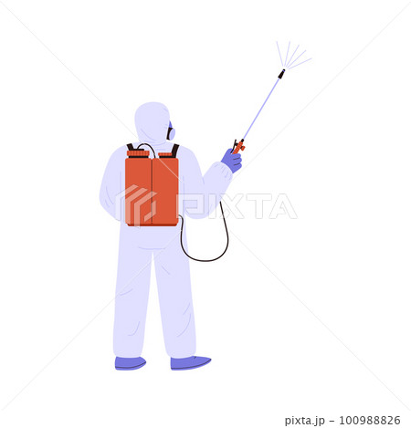 Person in hazmat suit spraying disinfection liquid, flat vector illustration isolated on white background. 100988826