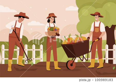 Flat design of farmer at farm. Illustration for websites, landing pages, mobile applications, posters and banners. Trendy flat vector illustration 100989183