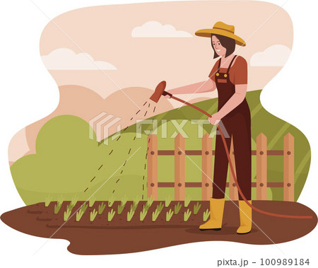 Flat design of woman watering plants at the farm. Illustration for websites, landing pages, mobile applications, posters and banners. Trendy flat vector illustration 100989184