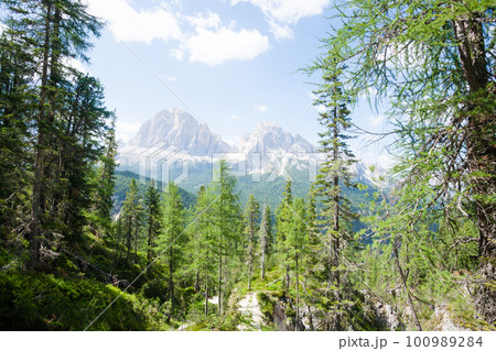 Dolomites range landscape. Summer mountain panorama Dolomites range landscape. Summer mountain panorama 100989284