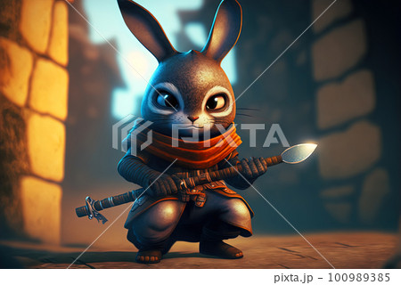 Rabbit samurai in traditional drawing style. Japanese styled art with hare warrior in kimono. Generated AI. Rabbit samurai in traditional drawing style. Japanese styled art with hare warrior in kimono. Generated AI. 100989385