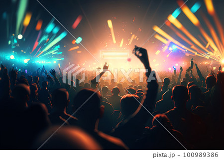 Party people on the show. Night club with lights and dancing people. Party crowd. Generated AI. Party people on the show. Night club with lights and dancing people. Party crowd. Generated AI. 100989386
