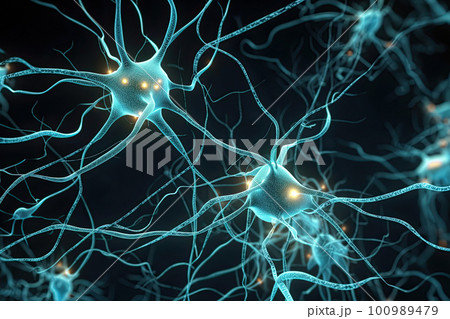 Neuron cells on abstract background, neural connections in the human brain, glowing synapses in nervous system. Created with Generative AI Neuron cells on abstract background, neural connections in the human brain, glowing synapses in nervous system. Created with Generative AI 100989479