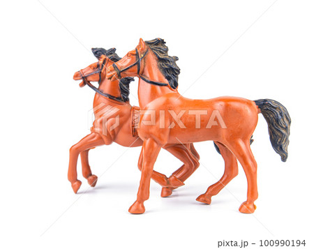 A pair of brown horses with black mane on a white background. A pair of brown horses with black mane on a white background. 100990194