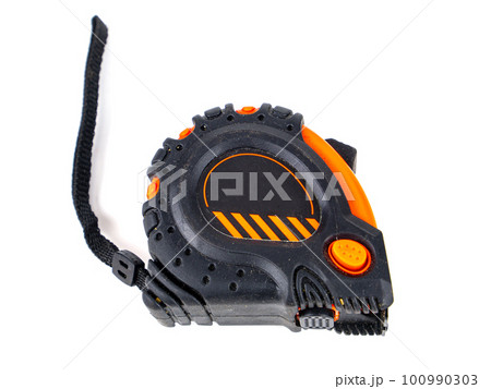 Worker measuring tape tool on white background. Worker measuring tape tool on white background. 100990303