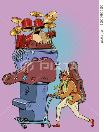 A creative man goes on a journey taking with him a lot of musical instruments. A worker in the music industry is preparing for a tour. A creative man goes on a journey taking with him a lot of musical instruments. A worker in the music industry is preparing for a tour. 100990580