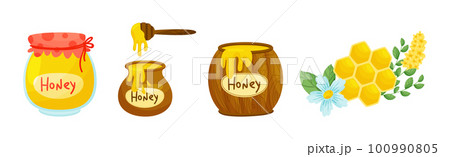 Glass Jar and Pot with Honey and Honeycomb with Fragrant Sticky Nectar Vector Set 100990805