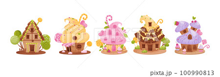 Sweet Candy House Made of Cookie Dough as Shaped Baked Confectionery Vector Set Sweet Candy House Made of Cookie Dough as Shaped Baked Confectionery Vector Set 100990813