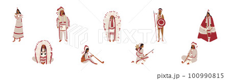 Red Indians Wearing National Clothing and Headdress with Feathers Vector Set Red Indians Wearing National Clothing and Headdress with Feathers Vector Set 100990815