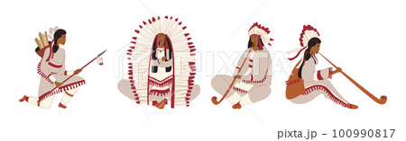 Red Indians Wearing National Clothing and Headdress with Feathers Vector Set Red Indians Wearing National Clothing and Headdress with Feathers Vector Set 100990817
