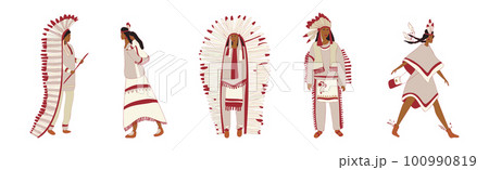 Red Indians Wearing National Clothing and Headdress with Feathers Vector Set Red Indians Wearing National Clothing and Headdress with Feathers Vector Set 100990819