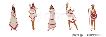 Red Indians Wearing National Clothing and Headdress with Feathers Vector Set Red Indians Wearing National Clothing and Headdress with Feathers Vector Set 100990820
