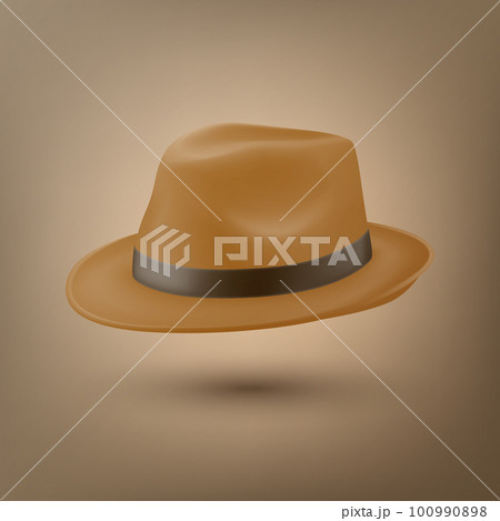 Vector 3d Realistic Brown Vintage Classic Gentleman Hat, Cap Icon Closeup. Front View. Mens Unisex Hat Design Template. Vector Illustration Vector 3d Realistic Brown Vintage Classic Gentleman Hat, Cap Icon Closeup. Front View. Mens Unisex Hat Design Template. Vector Illustration 100990898