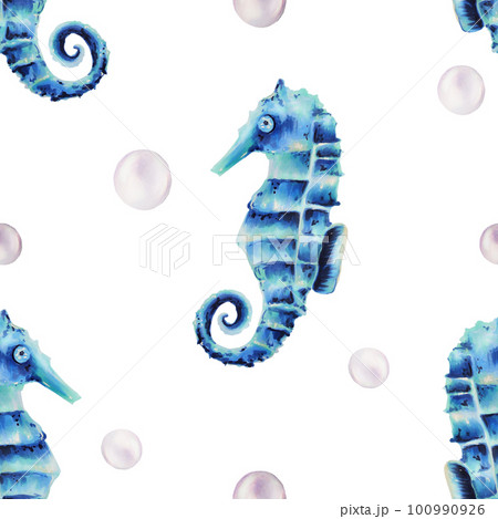 Watercolor seamless pattern with sea horses and pearls. Hand painting clipart underwater life objects on a white isolated background. For designers, decoration, postcards, wrapping paper, scrapbooking 100990926