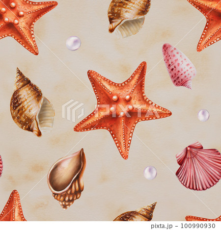 Watercolor seamless pattern with sea star and shells. Hand painting clipart underwater life objects on a white isolated background. For designers, decoration, postcards, wrapping paper, scrapbooking Watercolor seamless pattern with sea star and shells. Hand painting clipart underwater life objects on a white isolated background. For designers, decoration, postcards, wrapping paper, scrapbooking 100990930