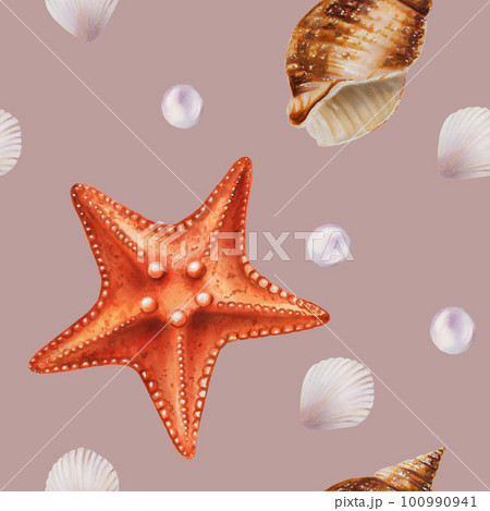 Watercolor seamless pattern with sea star and shells. Hand painting clipart underwater life objects on a white isolated background. For designers, decoration, postcards, wrapping paper, scrapbooking 100990941