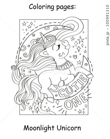 Cute beautiful unicorn on the moon coloring book vector 100991310