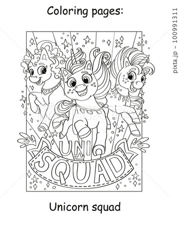 Cute three running unicorn coloring book vector 100991311