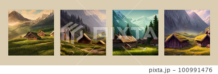 Distant houses in lush green meadows with mountains and forest, beautiful 100991476