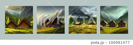 Distant houses in lush green meadows with mountains and forest, beautiful 100991477