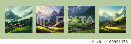 Pair huts in middle beautiful green valley with trees against backdrop 100991478