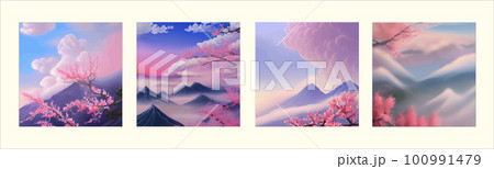 Landscape with cherry blossom branch misty mountains in clouds. Traditional Landscape with cherry blossom branch misty mountains in clouds. Traditional 100991479