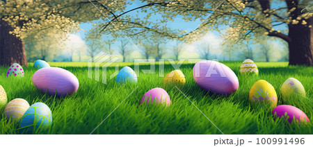 Easter theme with beautiful eggs in grass banner vector illustration as spring background. Happy Easter on blue sky Easter theme with beautiful eggs in grass banner vector illustration as spring background. Happy Easter on blue sky 100991496
