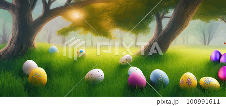 Painted egg laying in spring grass and flowers, easter border, banner flat vector illustration. Easter decoration Painted egg laying in spring grass and flowers, easter border, banner flat vector illustration. Easter decoration 100991611