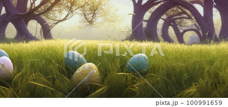 Painted egg laying in spring grass and flowers, easter border, banner flat vector illustration. Easter decoration Painted egg laying in spring grass and flowers, easter border, banner flat vector illustration. Easter decoration 100991659