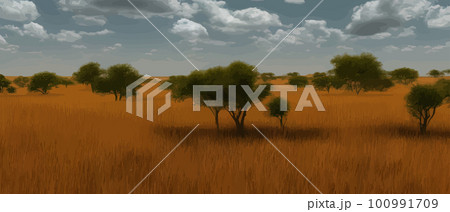 African savannah landscape with green trees and simple grasslands against African savannah landscape with green trees and simple grasslands against 100991709