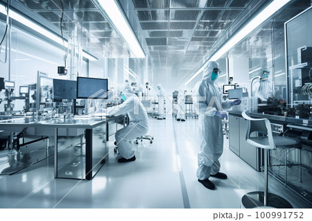 Research Factory Cleanroom: Engineer and Scientist Wearing Coveralls. AI generative Research Factory Cleanroom: Engineer and Scientist Wearing Coveralls. AI generative 100991752