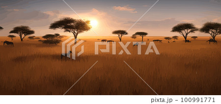 African savannah landscape with green trees and simple grasslands against African savannah landscape with green trees and simple grasslands against 100991771