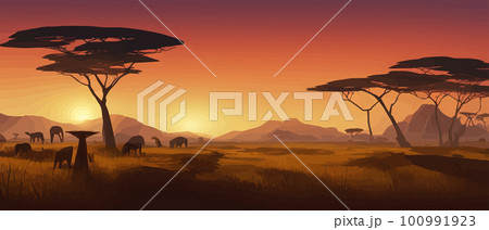 African savannah landscape with green trees and simple grasslands against 100991923