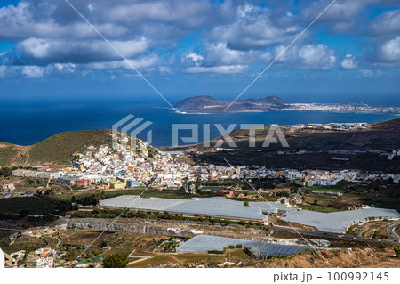Panoramic view of Arucas from Mirador de la Montana de Arucas on Gran Canaria Island, Canary Islands, Spain 100992145