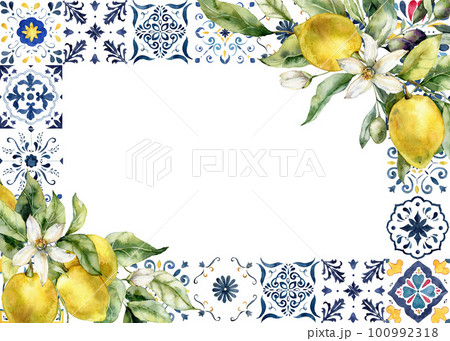 Watercolor tropical frame of ripe lemons, olives, flowers and tiles. Hand painted yellow fruits and mosaic isolated on white background. Tasty food illustration for design, print, fabric, background. Watercolor tropical frame of ripe lemons, olives, flowers and tiles. Hand painted yellow fruits and mosaic isolated on white background. Tasty food illustration for design, print, fabric, background. 100992318