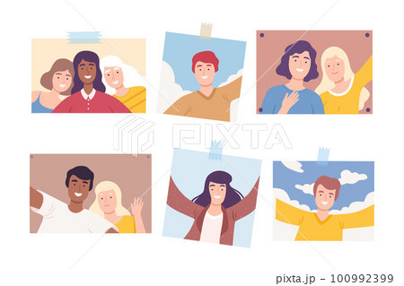 Photos of Young People with Selfie Smiling Portraits Vector Set 100992399