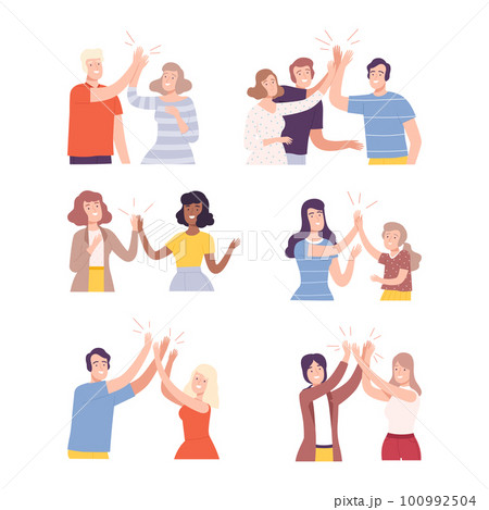 Happy People Characters Giving High Five to Each Other Vector Illustration Set 100992504