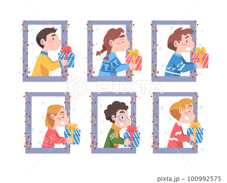 Cute Little Boy and Girl Looking out of Window Giving or Receiving Christmas Gift Box Vector Set 100992575