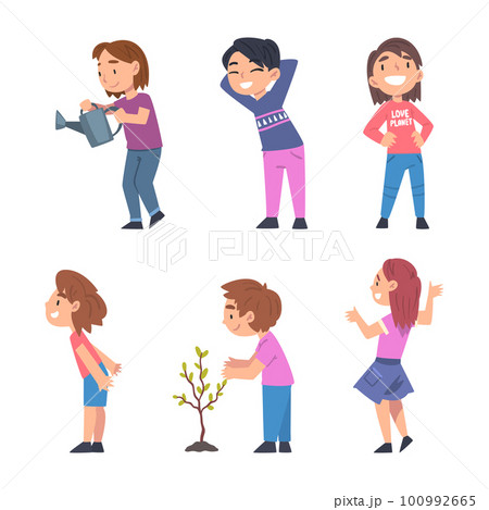 Little Children Loving Planet Taking Care of Earth and Environment Vector Set 100992665