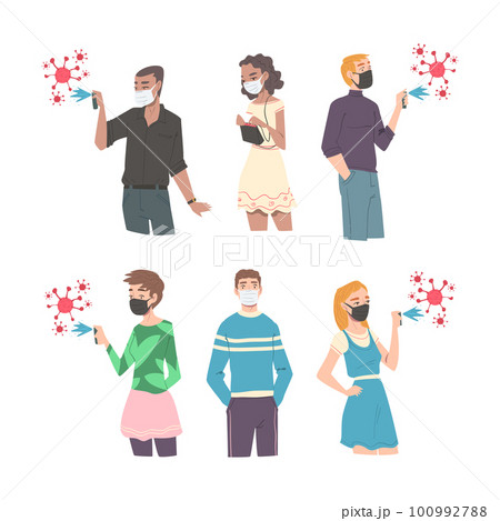 Young Man and Woman Character Wearing Protective Face Mask Vector Set 100992788