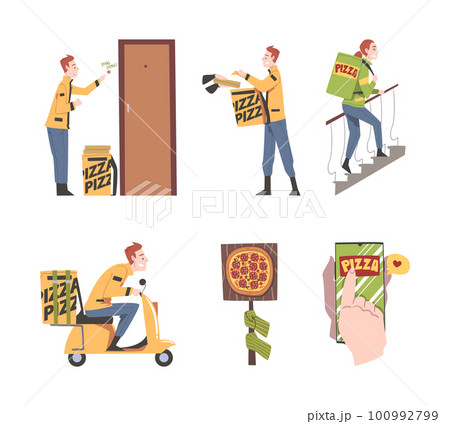 Pizza Delivery Service with Man and Woman Courier with Box Vector Set 100992799